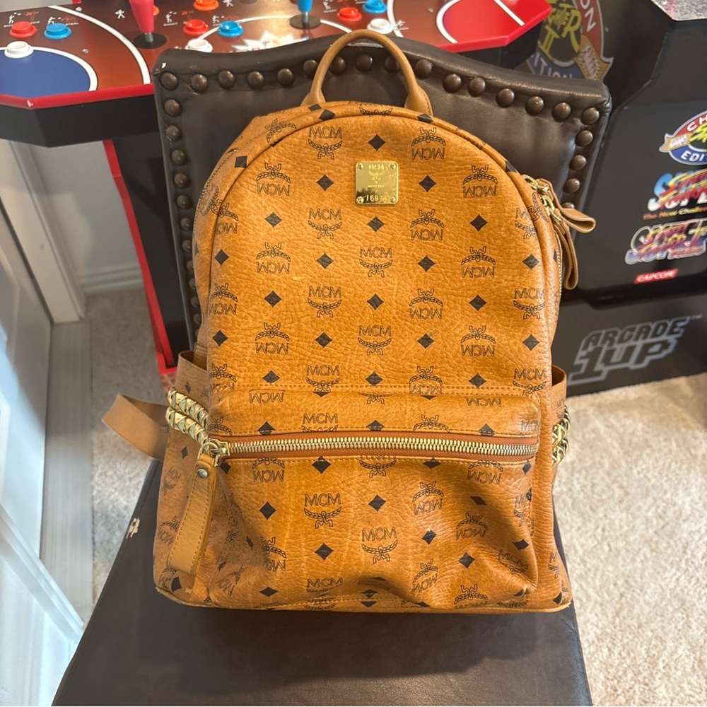 MCM Tan Backpack with Gold Accents